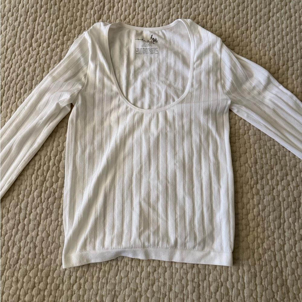 Free People White Ribbed Long Sleeve Top